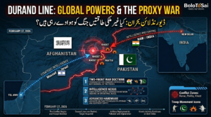 Analytical map showing Pakistan-Afghanistan border with intelligence connection lines from India and Israel on February 27, 2026
