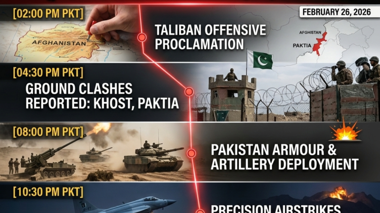Infographic showing 12-hour timeline of Durand Line conflict on February 26, 2026