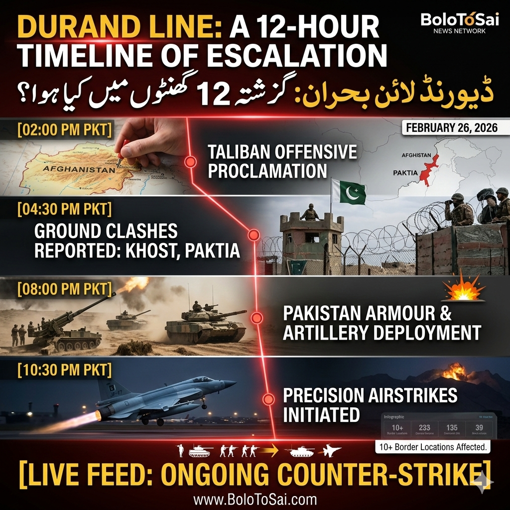 Infographic showing 12-hour timeline of Durand Line conflict on February 26, 2026